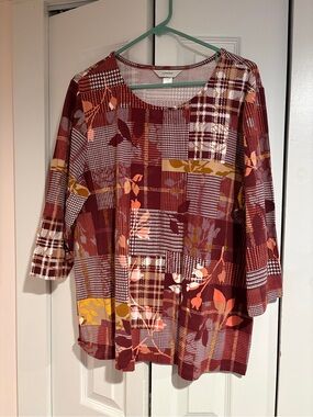 Women's Burgundy Patchwork Floral 3/4 Sleeve Top 1X